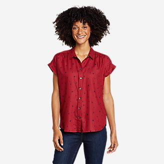 Women's Tranquil Short-Sleeve Shirred Shirt - Pattern in Red