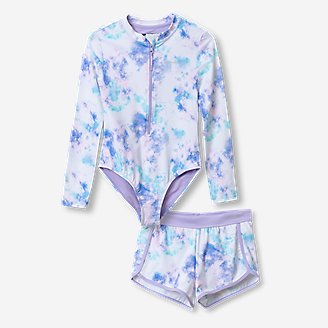 Girls' Sea Spray Long-Sleeve One-Piece Suit And Short Set in Purple
