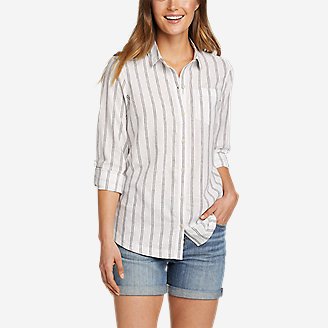 Women's Long-Sleeve Wave Break Linen Roll-Sleeve Shirt in White