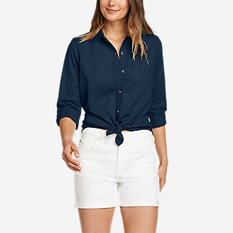 Women's Long-Sleeve Wave Break Linen Roll-Sleeve Shirt in Blue